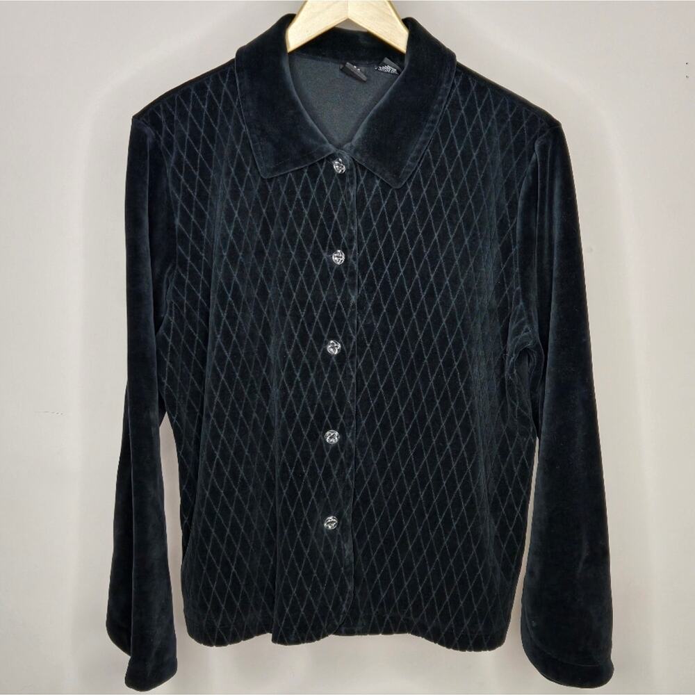 INTIMATES Black Velour Long Sleeve Button-Up Cardigan with Collar Size L